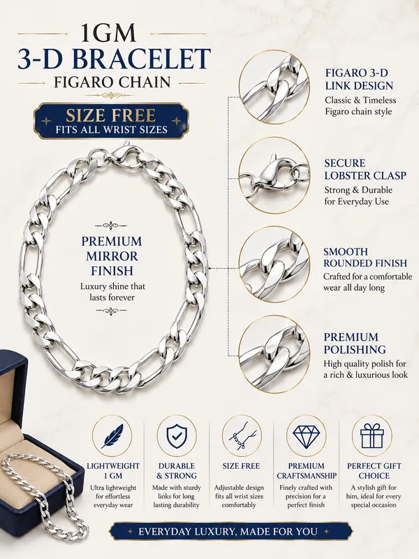 1GM_3-D_Figaro_Chain_Bracelet_–_Silver_Finish