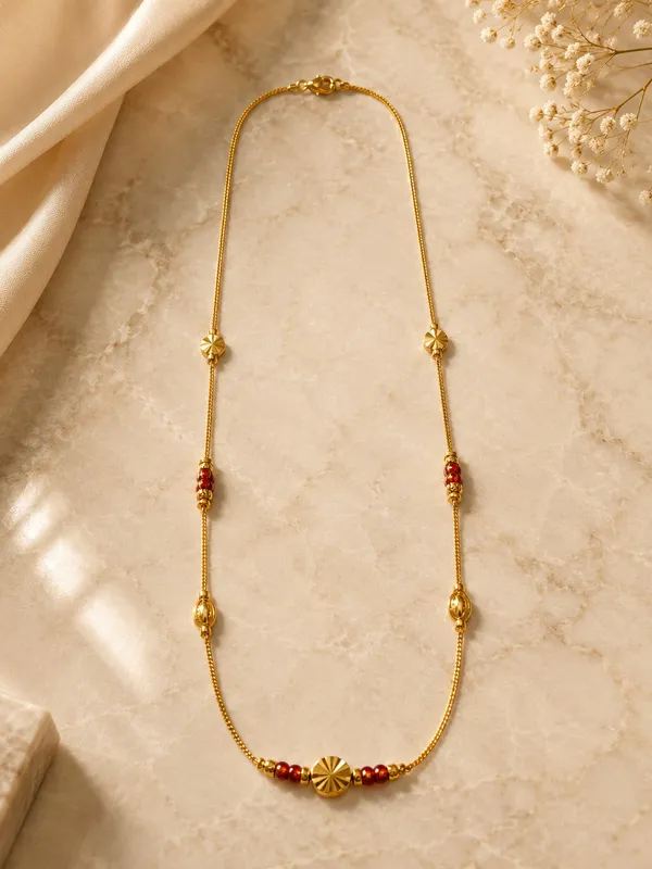 1_GM_Gold_Plated_Chain_with_Red_Enamel_Beads_&_Diamond-Cut_Center_Bead