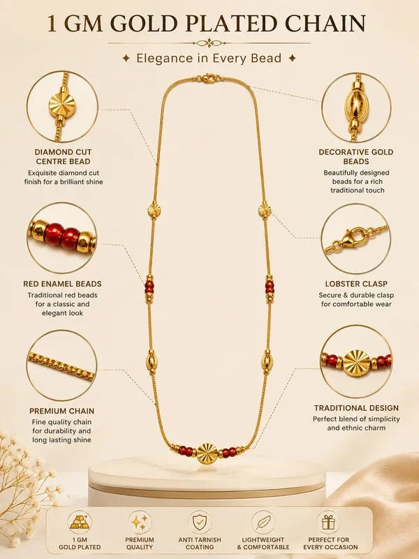 1_GM_Gold_Plated_Chain_with_Red_Enamel_Beads_&_Diamond-Cut_Center_Bead
