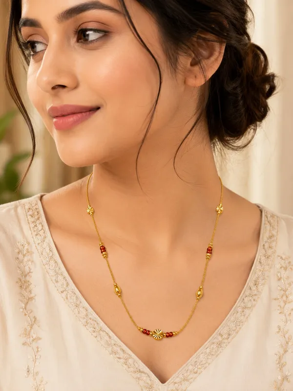 1_GM_Gold_Plated_Chain_with_Red_Enamel_Beads_&_Diamond-Cut_Center_Bead
