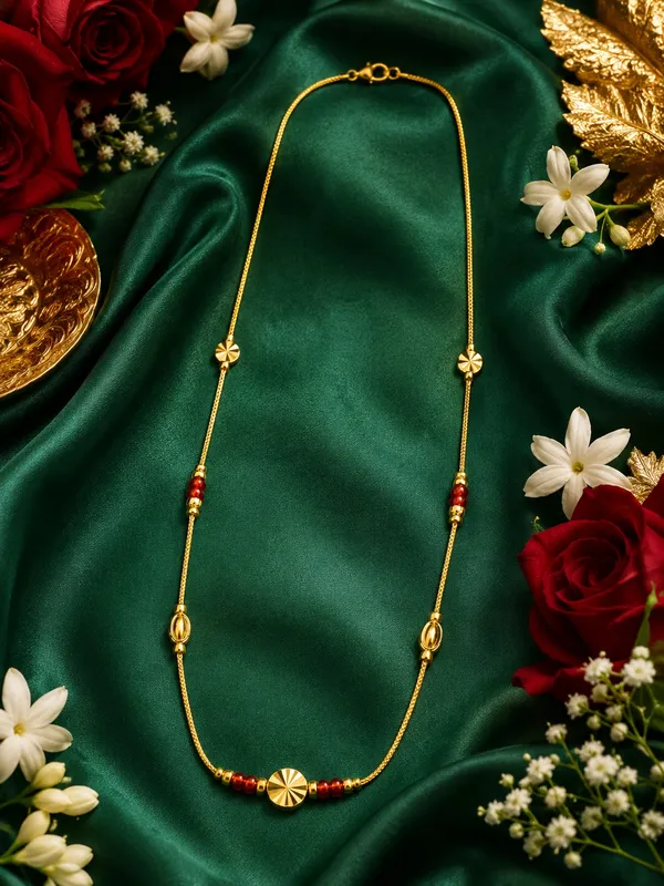 1_GM_Gold_Plated_Chain_with_Red_Enamel_Beads_&_Diamond-Cut_Center_Bead