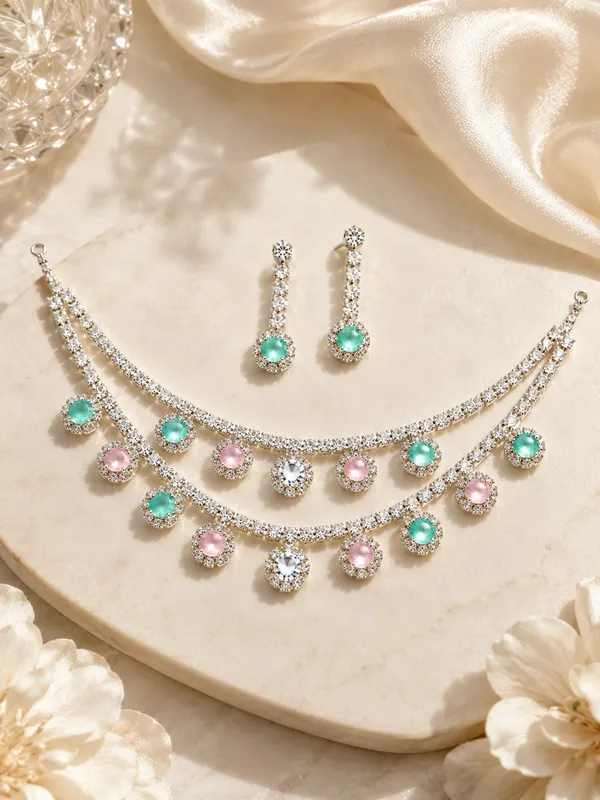 1_GM_Gold_Plated_Crystal_Necklace_Set_with_Matching_Earrings,_Mint_Green_&_Baby_Pink_Stones