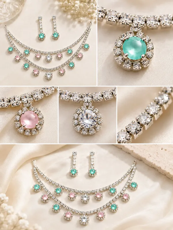 1_GM_Gold_Plated_Crystal_Necklace_Set_with_Matching_Earrings,_Mint_Green_&_Baby_Pink_Stones