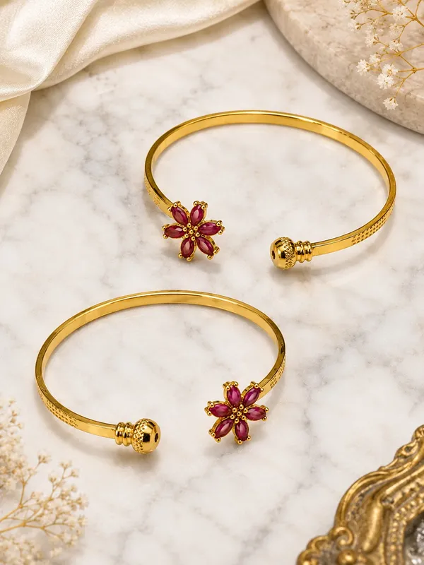 1_GM_Gold_Plated_Flower_Bangle_Set_with_Ruby_Colour_Stones_–_2_Pieces,_Adjustable_Free_Size_Traditional_Floral_Kada_for_Women