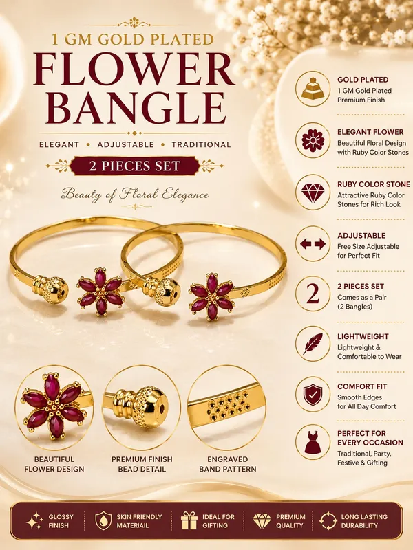 1_GM_Gold_Plated_Flower_Bangle_Set_with_Ruby_Colour_Stones_–_2_Pieces,_Adjustable_Free_Size_Traditional_Floral_Kada_for_Women
