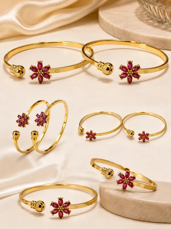 1_GM_Gold_Plated_Flower_Bangle_Set_with_Ruby_Colour_Stones_–_2_Pieces,_Adjustable_Free_Size_Traditional_Floral_Kada_for_Women