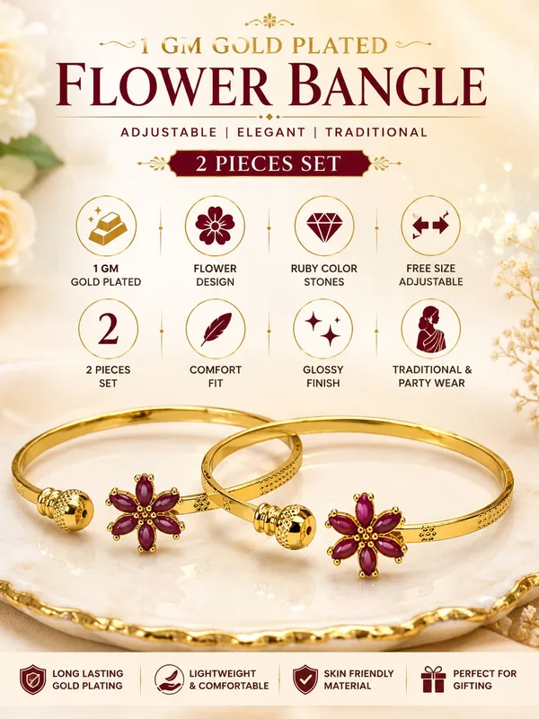 1_GM_Gold_Plated_Flower_Bangle_Set_with_Ruby_Colour_Stones_–_2_Pieces,_Adjustable_Free_Size_Traditional_Floral_Kada_for_Women