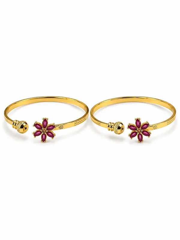 1_GM_Gold_Plated_Flower_Bangle_Set_with_Ruby_Colour_Stones_–_2_Pieces,_Adjustable_Free_Size_Traditional_Floral_Kada_for_Women