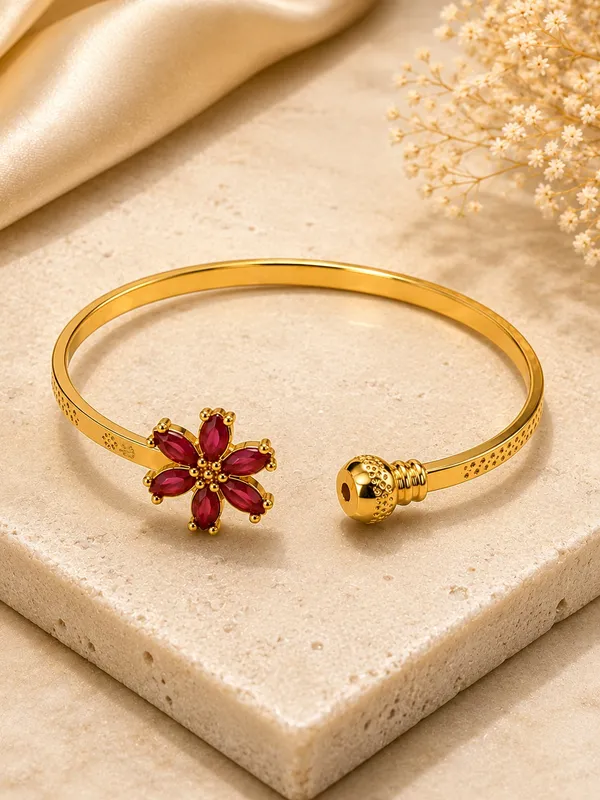 1_GM_Gold_Plated_Flower_Bracelet_with_Ruby_Stones_–_Free_Size_Adjustable,_Lightweight_Traditional_Bracelet_for_Women_1PC