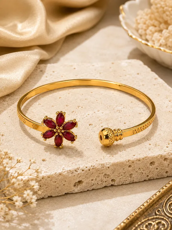 1_GM_Gold_Plated_Flower_Bracelet_with_Ruby_Stones_–_Free_Size_Adjustable,_Lightweight_Traditional_Bracelet_for_Women_1PC