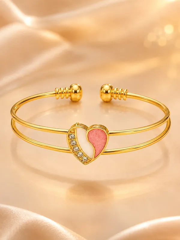 1_GM_Gold_Plated_Heart_Bracelet_for_Women_–_Double_Wire_Adjustable_Cuff_with_Pink_&_White_Enamel_and_Sparkling_Crystals_1PCS