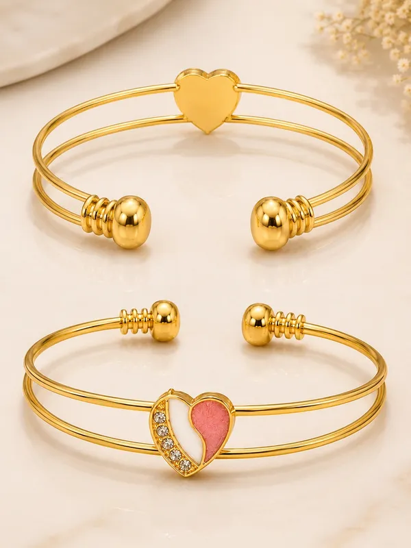 1_GM_Gold_Plated_Heart_Bracelet_for_Women_–_Double_Wire_Adjustable_Cuff_with_Pink_&_White_Enamel_and_Sparkling_Crystals_1PCS