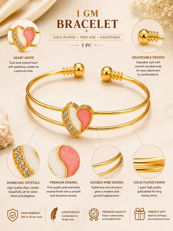 1_GM_Gold_Plated_Heart_Bracelet_for_Women_–_Double_Wire_Adjustable_Cuff_with_Pink_&_White_Enamel_and_Sparkling_Crystals_1PCS