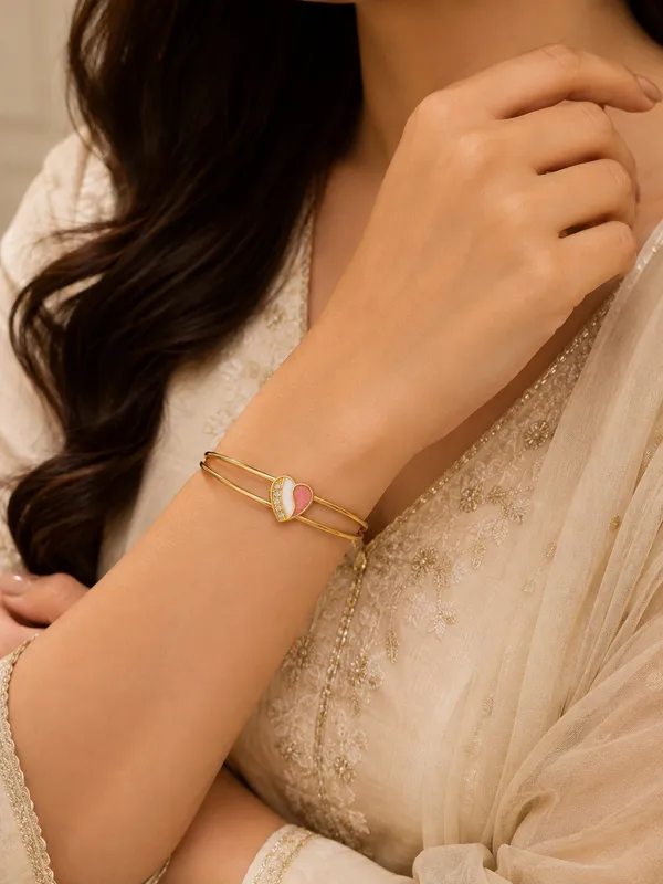 1_GM_Gold_Plated_Heart_Bracelet_for_Women_–_Double_Wire_Adjustable_Cuff_with_Pink_&_White_Enamel_and_Sparkling_Crystals_1PCS