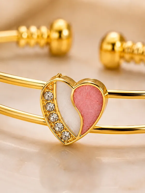 1_GM_Gold_Plated_Heart_Bracelet_for_Women_–_Double_Wire_Adjustable_Cuff_with_Pink_&_White_Enamel_and_Sparkling_Crystals_1PCS