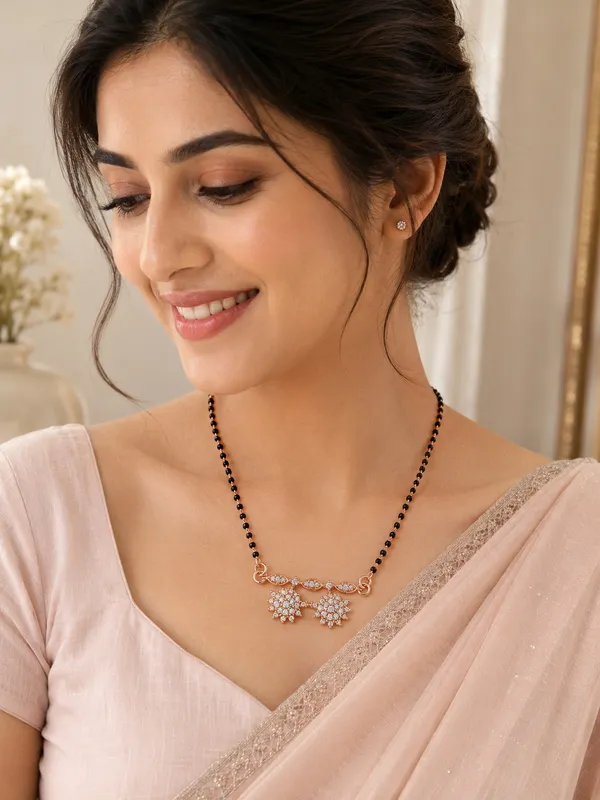 1_GM_Gold_Plated_Rose_Gold_Finish_Black_Bead_Mangalsutra_with_CZ_Floral_Pendant