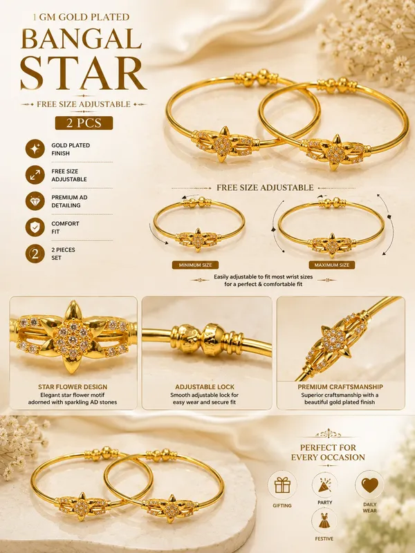 1_GM_Gold_Plated_Star_Flower_Bangle_Set_with_AD_Stones_–_2_Pieces,_Free_Size_Adjustable_Traditional_Bangles_for_Women