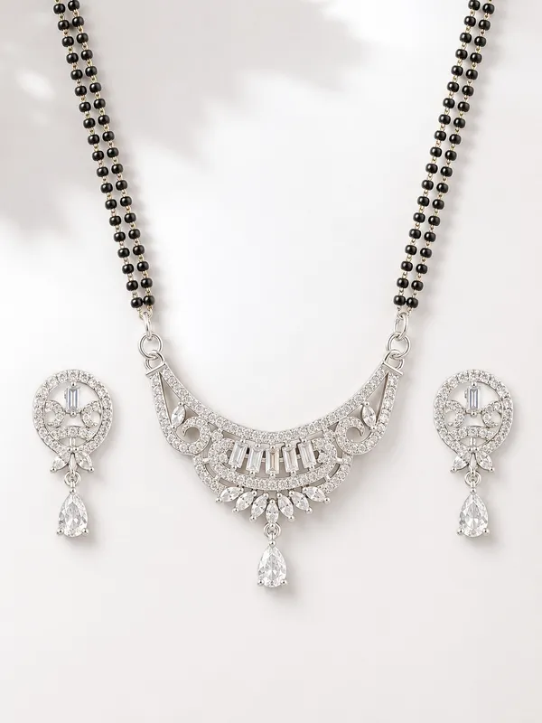 1_GM_Silver_Plated_Mangalsutra_Set_with_Matching_Earrings,_Double_Black_Bead_Chain_&_AD_Stone_Pendant_–_24_Inch