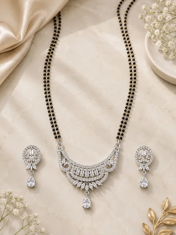 1_GM_Silver_Plated_Mangalsutra_Set_with_Matching_Earrings,_Double_Black_Bead_Chain_&_AD_Stone_Pendant_–_24_Inch