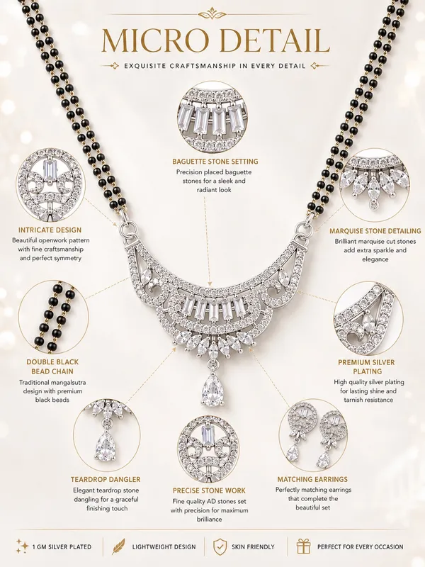 1_GM_Silver_Plated_Mangalsutra_Set_with_Matching_Earrings,_Double_Black_Bead_Chain_&_AD_Stone_Pendant_–_24_Inch