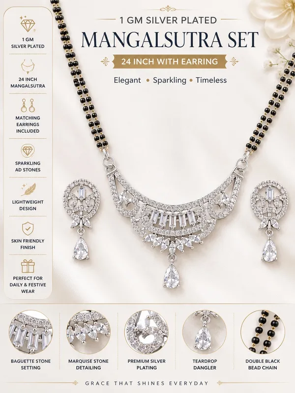 1_GM_Silver_Plated_Mangalsutra_Set_with_Matching_Earrings,_Double_Black_Bead_Chain_&_AD_Stone_Pendant_–_24_Inch