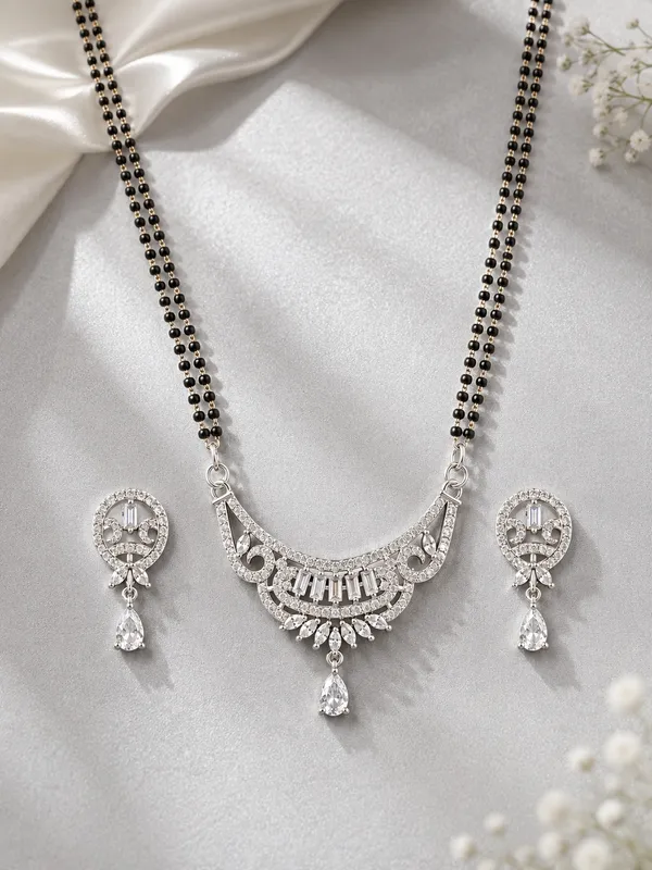 1_GM_Silver_Plated_Mangalsutra_Set_with_Matching_Earrings,_Double_Black_Bead_Chain_&_AD_Stone_Pendant_–_24_Inch