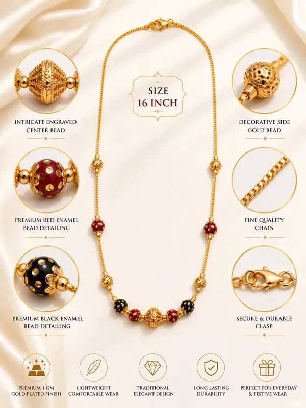 1_Gram_Gold_Plated_Chain_with_Red_&_Black_Enamel_Beads_–_16_Inch