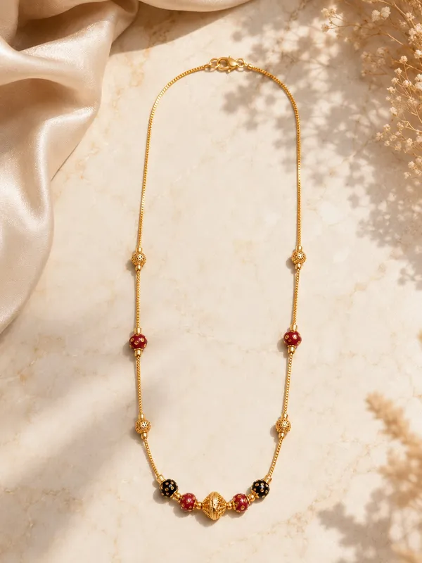 1_Gram_Gold_Plated_Chain_with_Red_&_Black_Enamel_Beads_–_16_Inch