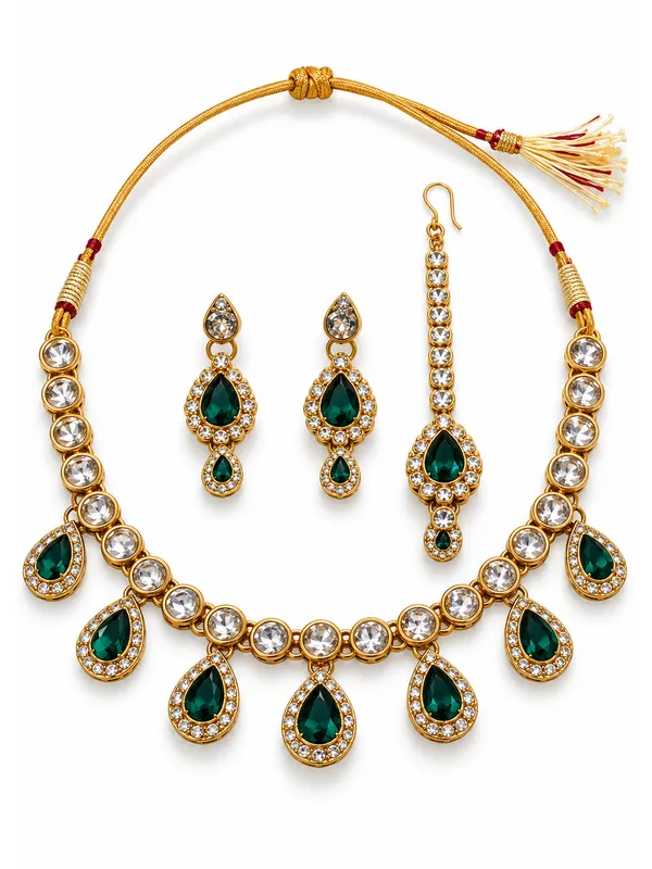 7_Drop_Kundan_Style_Necklace_Set_with_Earrings_and_Maang_Tikka_White_Green