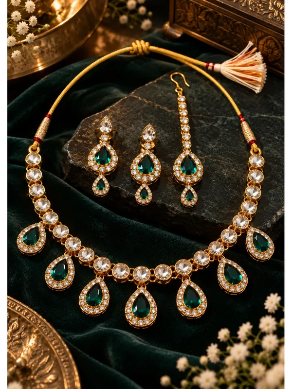 7_Drop_Kundan_Style_Necklace_Set_with_Earrings_and_Maang_Tikka_White_Green