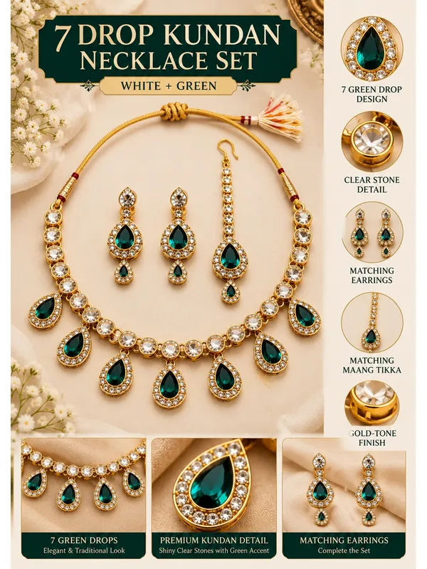 7_Drop_Kundan_Style_Necklace_Set_with_Earrings_and_Maang_Tikka_White_Green