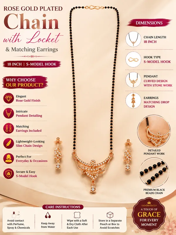 Elegant_Rose_Gold_Plated_Black_Beaded_Chain_with_Designer_Locket_&_Matching_Earrings_18_INCH