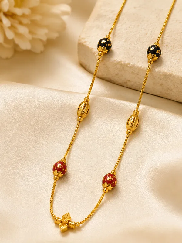 Gold_Plated_18_Inch_Black_&_Red_Multi-Beaded_Chain_with_Floral_Centre_Design_&_S-Type_Hook_for_Women