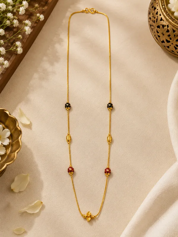 Gold_Plated_18_Inch_Black_&_Red_Multi-Beaded_Chain_with_Floral_Centre_Design_&_S-Type_Hook_for_Women