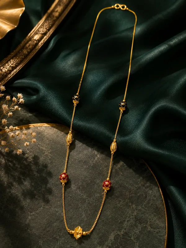 Gold_Plated_18_Inch_Black_&_Red_Multi-Beaded_Chain_with_Floral_Centre_Design_&_S-Type_Hook_for_Women