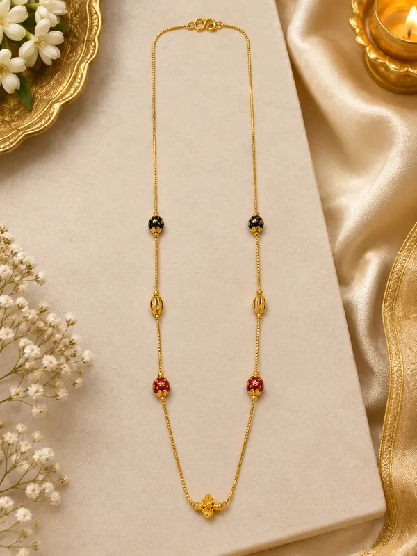 Gold_Plated_18_Inch_Black_&_Red_Multi-Beaded_Chain_with_Floral_Centre_Design_&_S-Type_Hook_for_Women