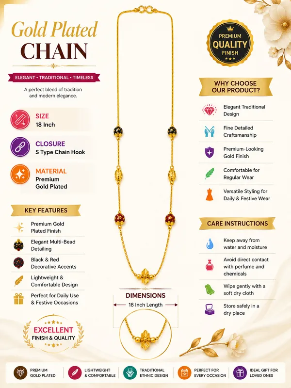 Gold_Plated_18_Inch_Black_&_Red_Multi-Beaded_Chain_with_Floral_Centre_Design_&_S-Type_Hook_for_Women