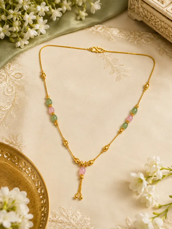 Gold_Plated_18_Inch_Pink_&_Green_Beaded_Chain_Necklace_with_Elegant_Drop_Pendant_for_Women
