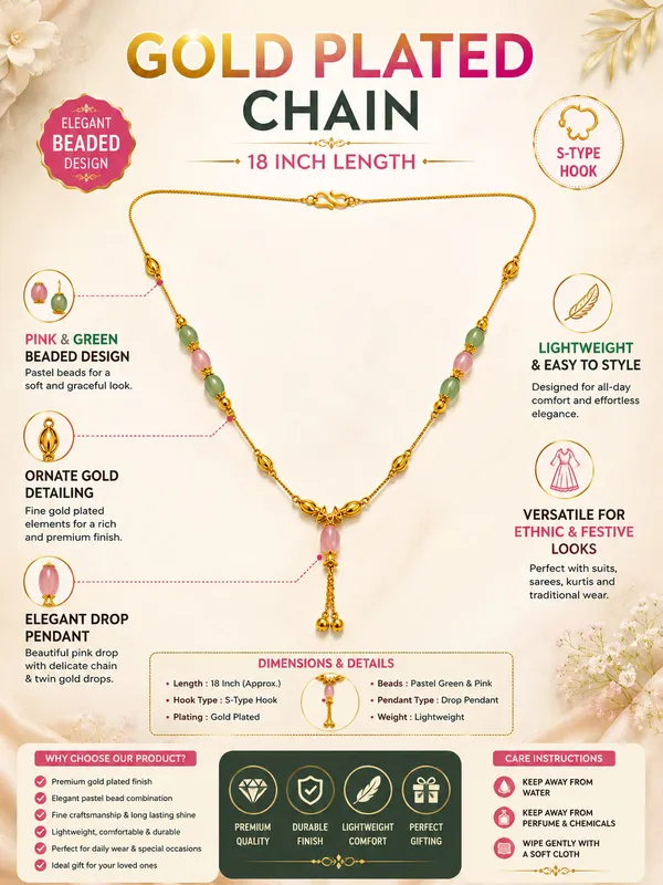 Gold_Plated_18_Inch_Pink_&_Green_Beaded_Chain_Necklace_with_Elegant_Drop_Pendant_for_Women