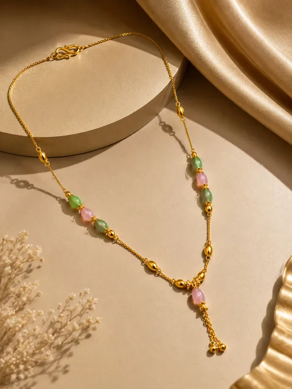 Gold_Plated_18_Inch_Pink_&_Green_Beaded_Chain_Necklace_with_Elegant_Drop_Pendant_for_Women
