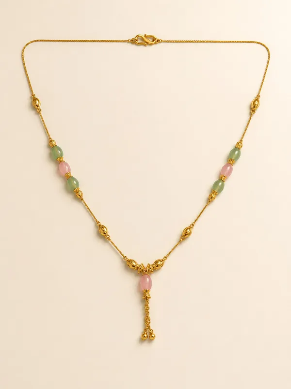 Gold_Plated_18_Inch_Pink_&_Green_Beaded_Chain_Necklace_with_Elegant_Drop_Pendant_for_Women