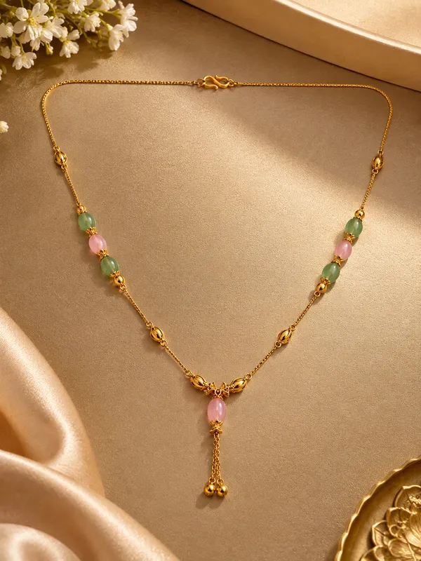 Gold_Plated_18_Inch_Pink_&_Green_Beaded_Chain_Necklace_with_Elegant_Drop_Pendant_for_Women