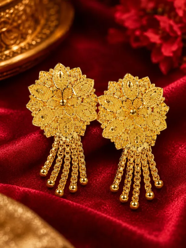One_Gram_Gold_Plated_Floral_Chain_Tassel_Drop_Earrings