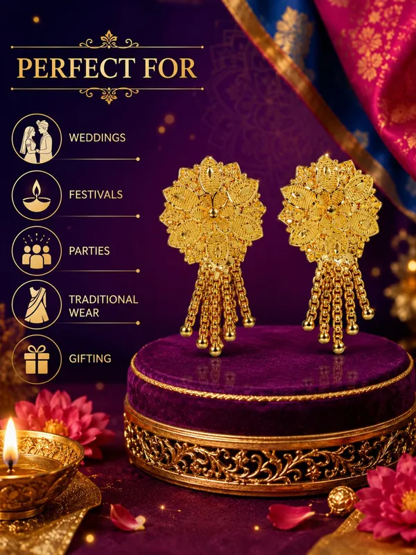 One_Gram_Gold_Plated_Floral_Chain_Tassel_Drop_Earrings