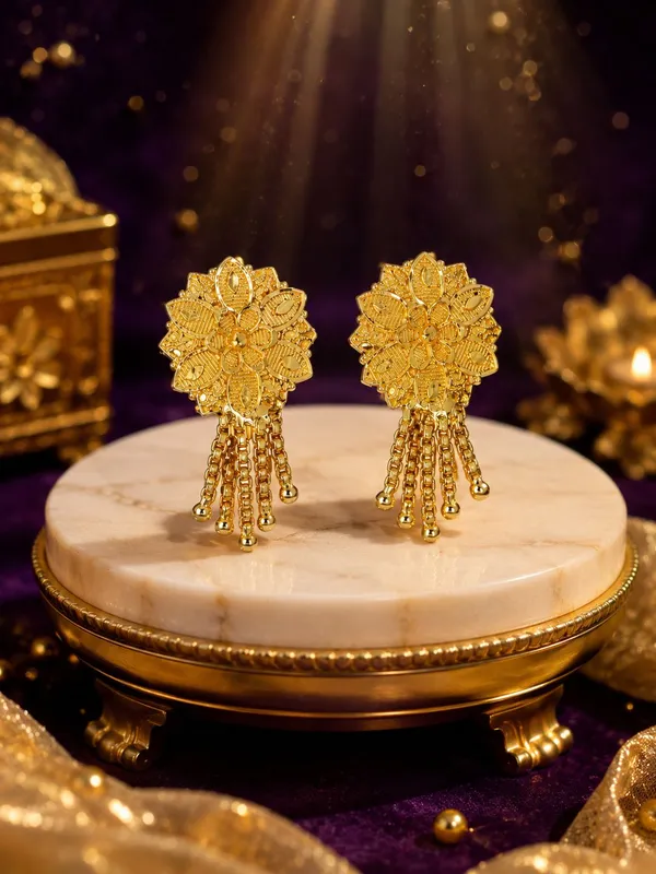 One_Gram_Gold_Plated_Floral_Chain_Tassel_Drop_Earrings