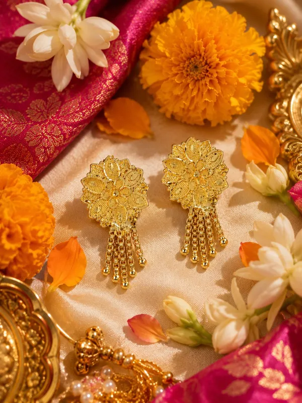 One_Gram_Gold_Plated_Floral_Chain_Tassel_Drop_Earrings