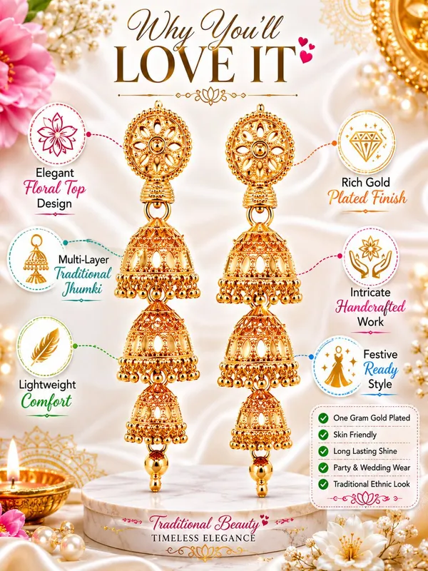 One_Gram_Gold_Plated_Multi-Layer_Floral_Jhumki_Earrings