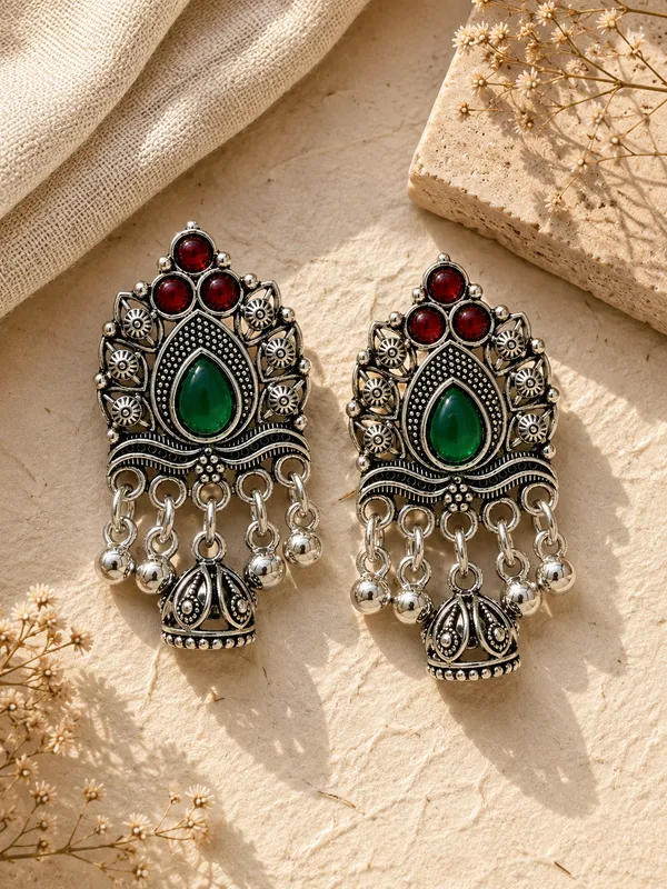 Oxidized_Silver_Plated_Green_&_Red_Stone_Floral_Jhumka_Earrings