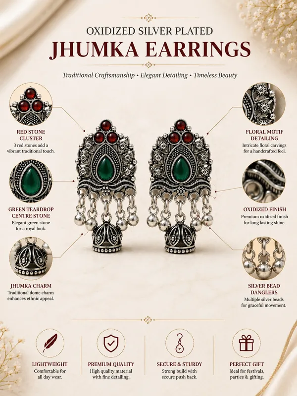Oxidized_Silver_Plated_Green_&_Red_Stone_Floral_Jhumka_Earrings