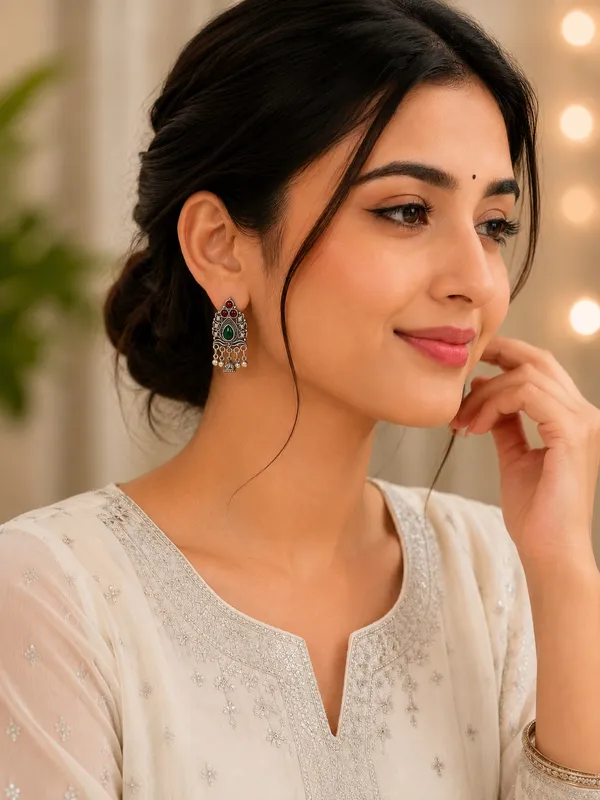 Oxidized_Silver_Plated_Green_&_Red_Stone_Floral_Jhumka_Earrings
